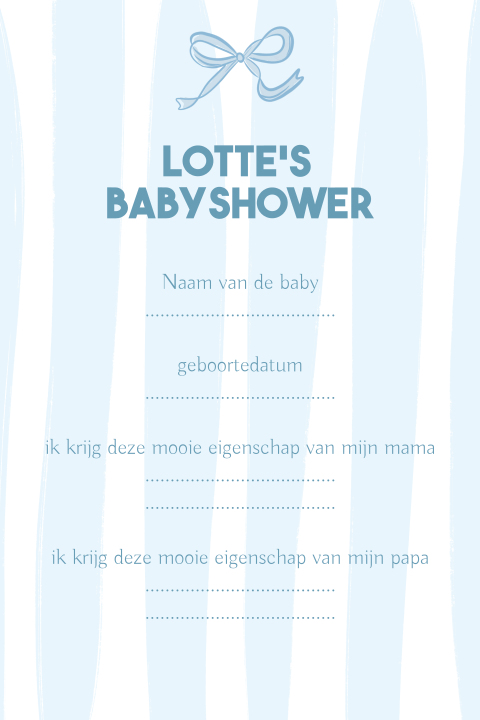 Babyshower invulkaart blauw streepjes strik