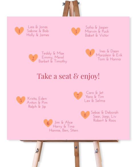 Tafelschikking bord roze/oranje hartjes Lea en Jonas