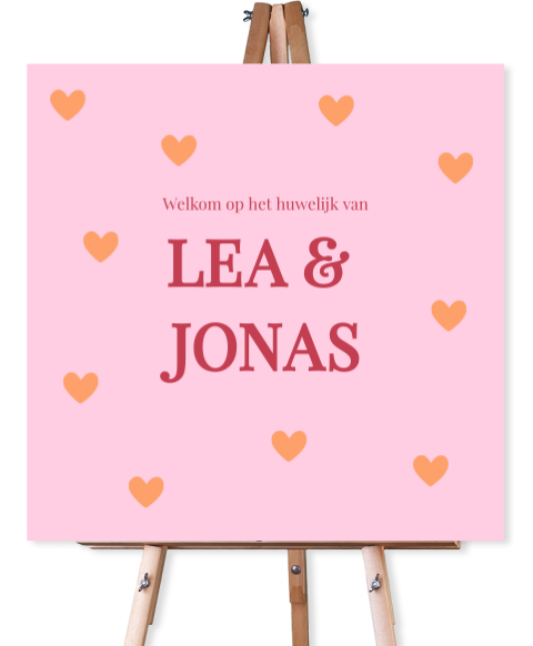 Welkomstbord roze/oranje hartjes Lea en Jonas