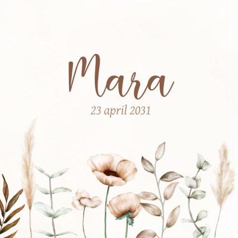 Geboortekaartje waterverf bloemen beige bruin