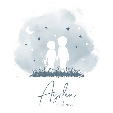 Blauw geboortekaartje met twee kindjes onder de sterrenhemel