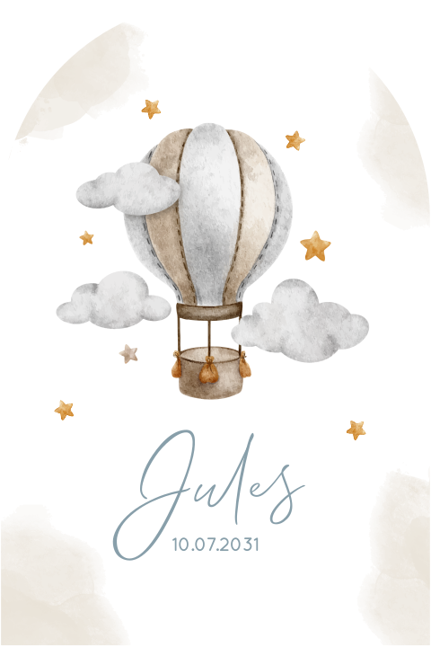 Geboortekaartje ronde boog met luchtballon en beige waterverf