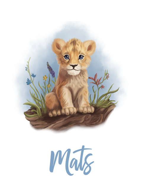 Poster grote baby leeuw zittend blauw