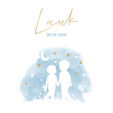 Raamsticker met blauwe waterverf en silhouet van twee broers