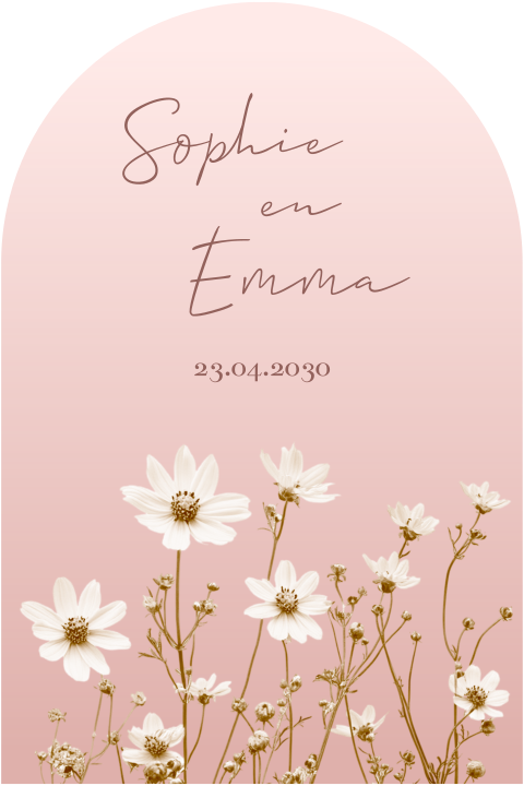 Roze tweeling geboortekaartje met ronde boog en bloemen