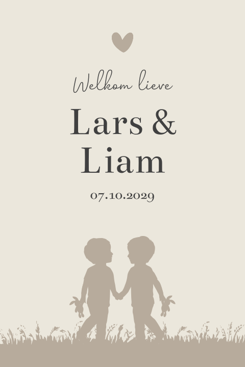 Geboortekaartje tweeling jongens silhouet beige