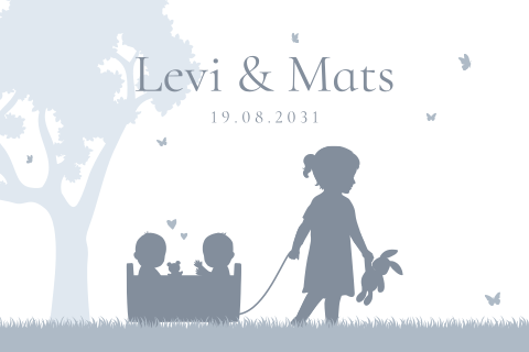 Geboortekaartje tweelingkaart met silhouet blauw