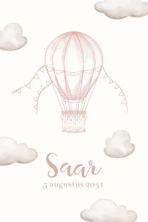 Geboortekaartje luchtballon getekend roze met wolken