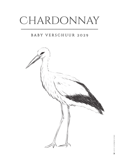 Wijnetiket staand | 4 stuks getekende ooievaar chardonnay