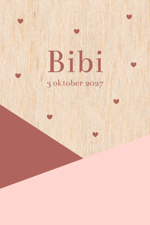 Geboortekaartje hout met schuine vlakken en hartjes meisje