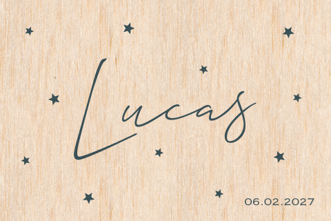 Geboortekaartje hout met naam en sterren