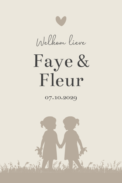 Geboortekaartje tweeling meisjes silhouet beige