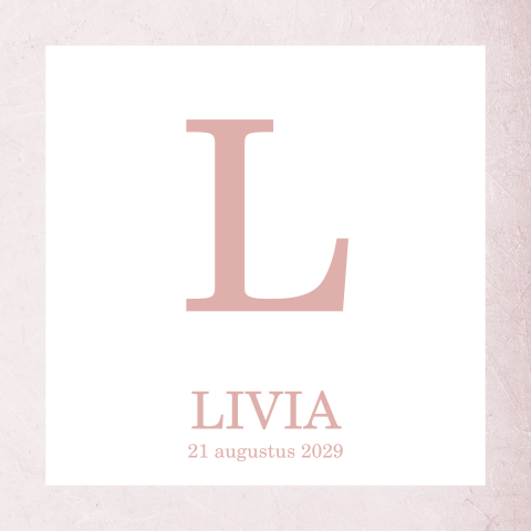 Geboortekaartje typografisch met roze structuur en wit vierkant