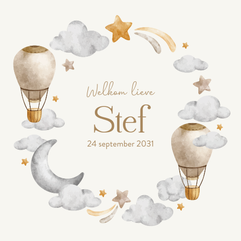 Geboortekaartje beige luchtballon kader met wolken