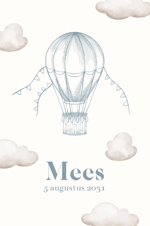Geboortekaartje luchtballon getekend grijsblauw met wolken