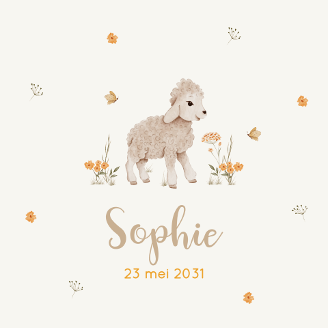 Geboortekaartje lief lammetje met gele bloemen
