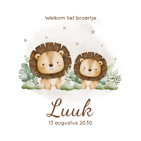 Geboortekaartje met beige waterverf en twee leeuwtjes