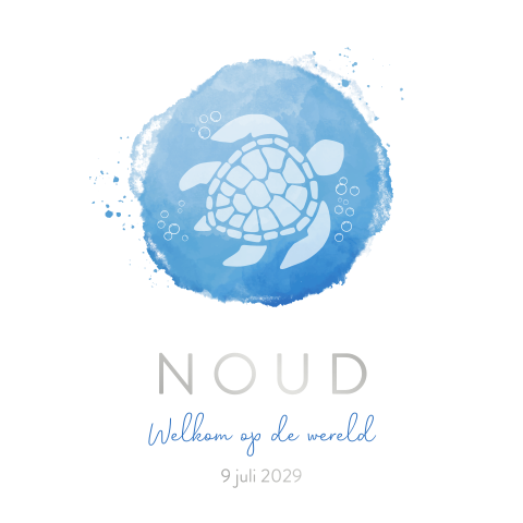 Geboortekaartje waterverf vlek blauw met schildpad