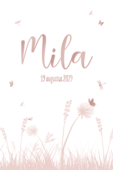 Geboortekaartje hoogglans roze met bloemen, vlinders en libellen