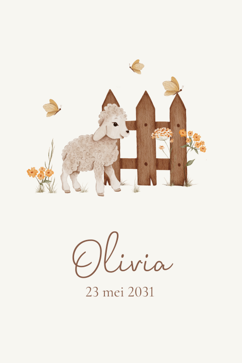 Geboortekaartje lente met lammetje naast hekje en vlinders