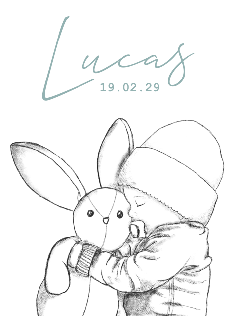 Poster met een tekening van een baby met een knuffel konijn