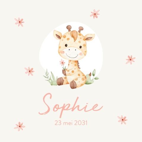 Geboortekaartje giraf met roze bloemen