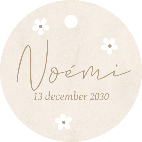 Doopsuiker label beige met witte bloemen 16 stuks 40mm