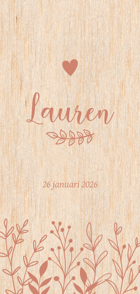 Geboortekaartje hout met terra takjes meisje