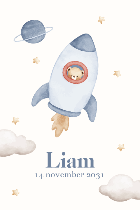 Geboortekaartje raket met beertje in de ruimte