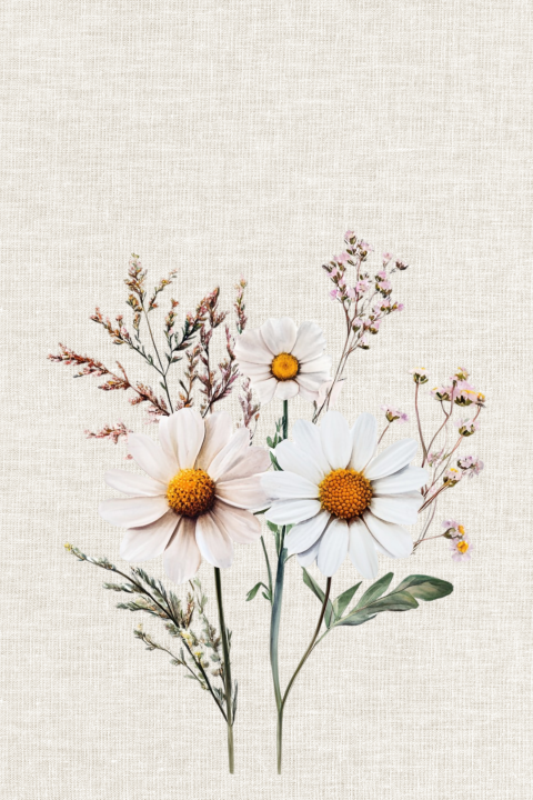 Geboortekaartje achterkaart met linnen achtergrond en bloemen