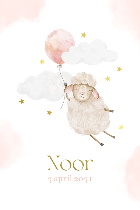 Geboortekaartje lammetje aan roze ballon met foliedruk sterren