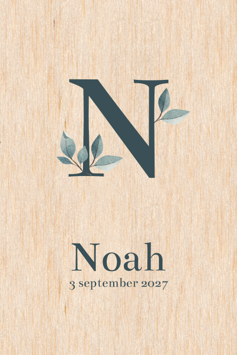 Geboortekaartje hout met voorletter groen en blaadjes