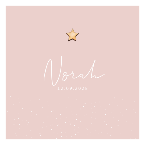 Geboortekaartje lichtroze met witte stipjes en hout sterretje
