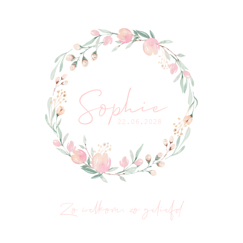 Geboortekaartje met bloemenkader met roze bloemetjes