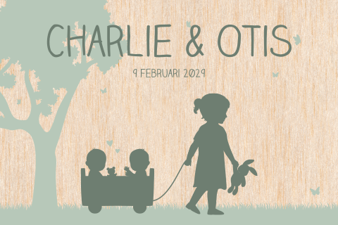 Geboortekaartje houten tweeling kaart met silhouet