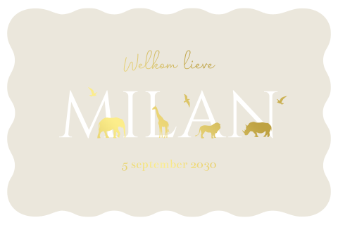 Geboortekaartje golvende rand met safari dieren in foliedruk