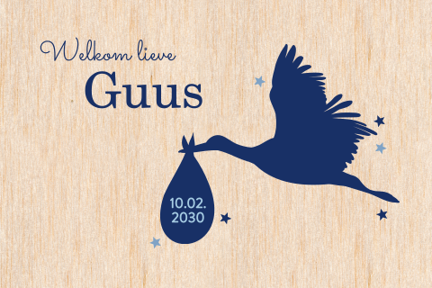 Geboortekaartje hout met ooievaar blauw