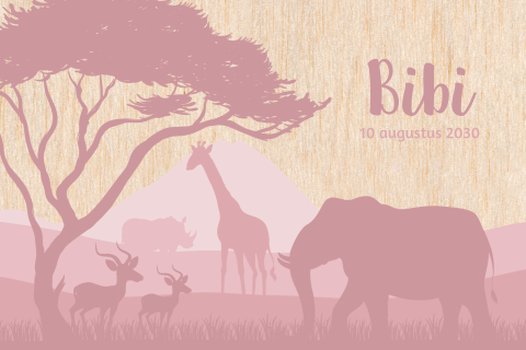 Geboortekaartje hout met safari dieren roze