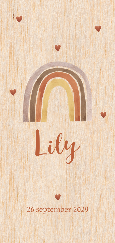 Geboortekaartje hout met regenboog in bruintinten
