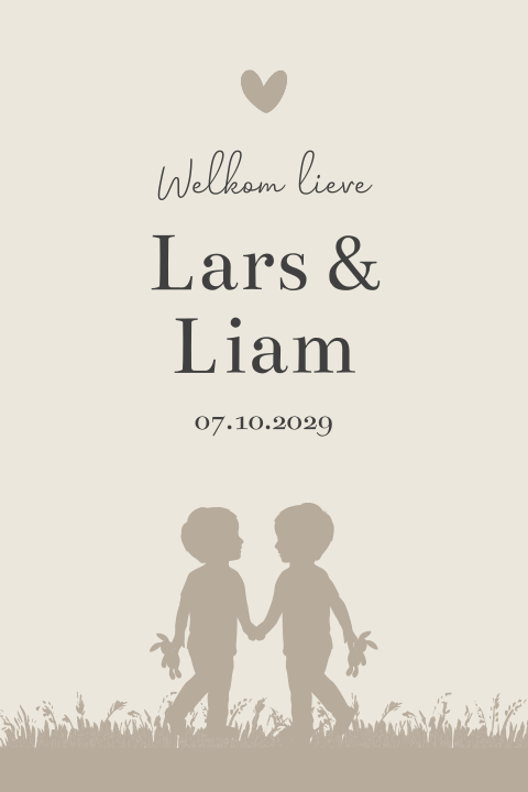 Geboortekaartje tweeling jongens silhouet beige