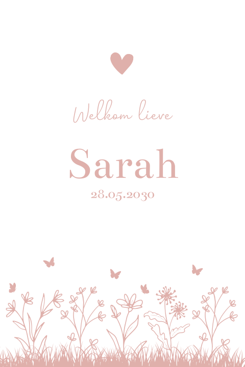 Geboortekaartje bloemen met vlinders oudroze