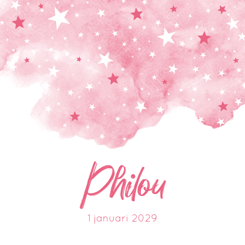 Geboortekaartje roze waterverf met wit en roze sterren