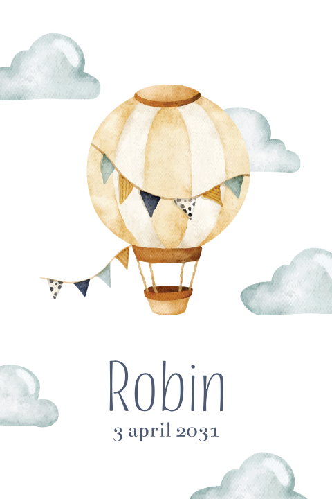 Geboortekaartje luchtballon met slinger tussen de wolken