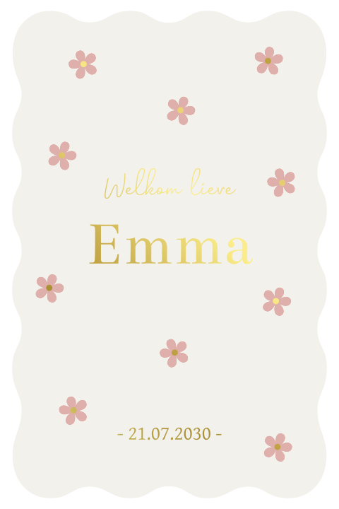 Geboortekaartje golfrand met roze bloemetjes en foliedruk