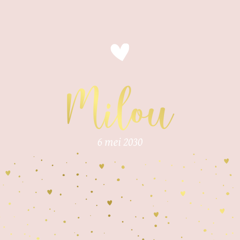 Geboortekaartje roze met rand stippen en hartjes met foliedruk