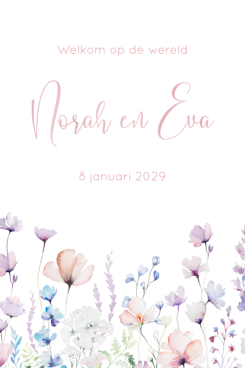 Romantisch tweeling geboortekaartje met roze blauwe bloemen