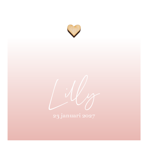 Geboortekaartje verloop roze met hout hartje