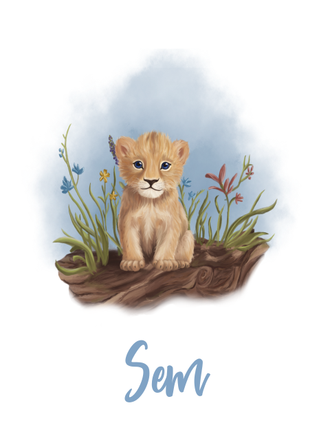 Poster baby leeuw zittend blauw