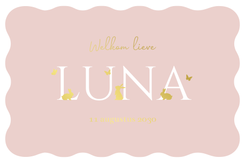 Geboortekaartje golvende rand met konijntjes in foliedruk