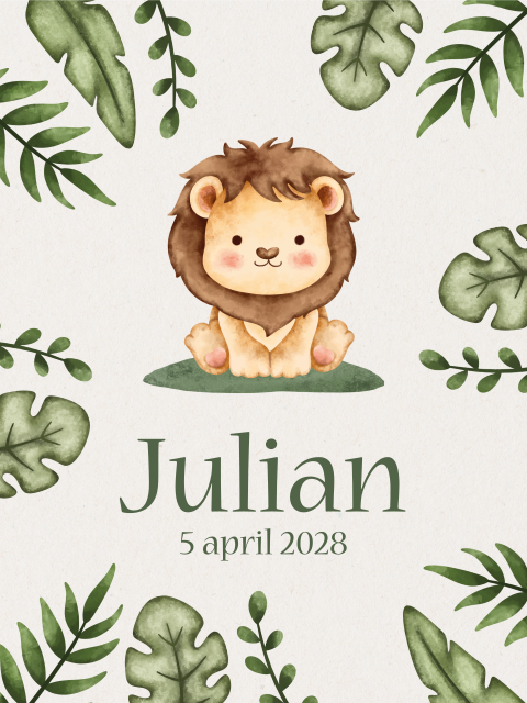 Poster staand leeuwtje met bladeren